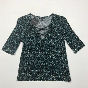 TopShop Lace Up Front Floral Top 3/4 Sleeve Blouse